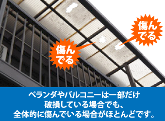 ベランダやバルコニーは一部だけ破損している場合でも、全体的に傷んでいる場合がほとんどです。
