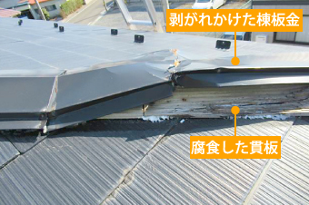 剥がれかけた棟板金と腐食した貫板