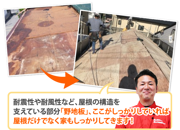 耐震性や耐風性など、屋根の構造を支えている部分「野地板」、ここがしっかりしていれば屋根だけでなく家もしっかりしてきます!