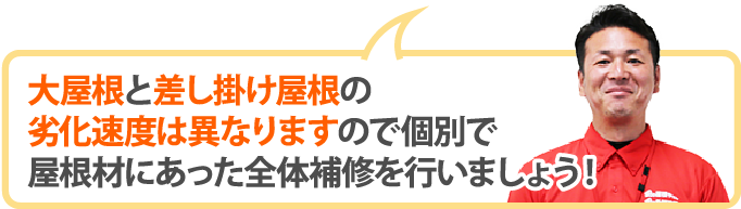大屋根と差し掛け屋根の劣化速度は異なりますので個別で屋根材にあった全体補修を行いましょう!
