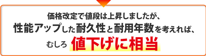 価格改定で値段は上昇しましたが、
性能アップした耐久性と耐用年数を考えれば、むしろ値下げに相当