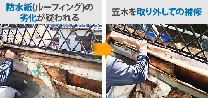 防水紙(ルーフィング)の劣化が疑われる→笠木を取り外しての補修